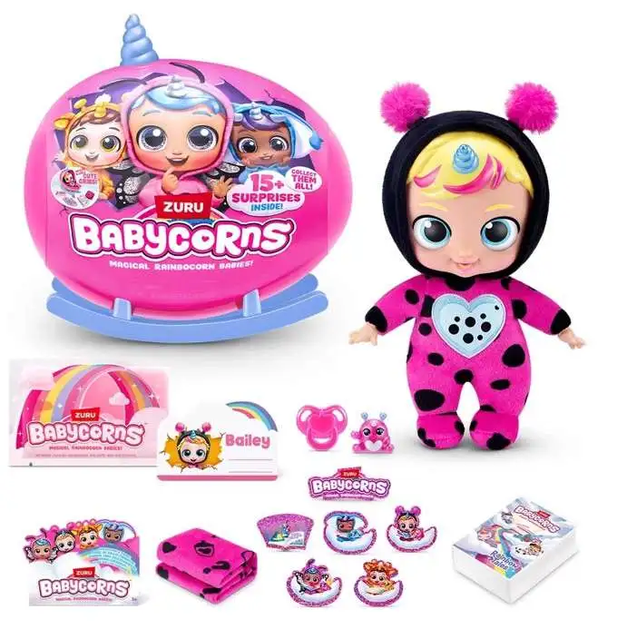 Babycorns Magical Rainbocorn Babies Series 1 SMALL Ladybug Surprise Mystery Plush [BLUE Horn, 15+ Surprises]
