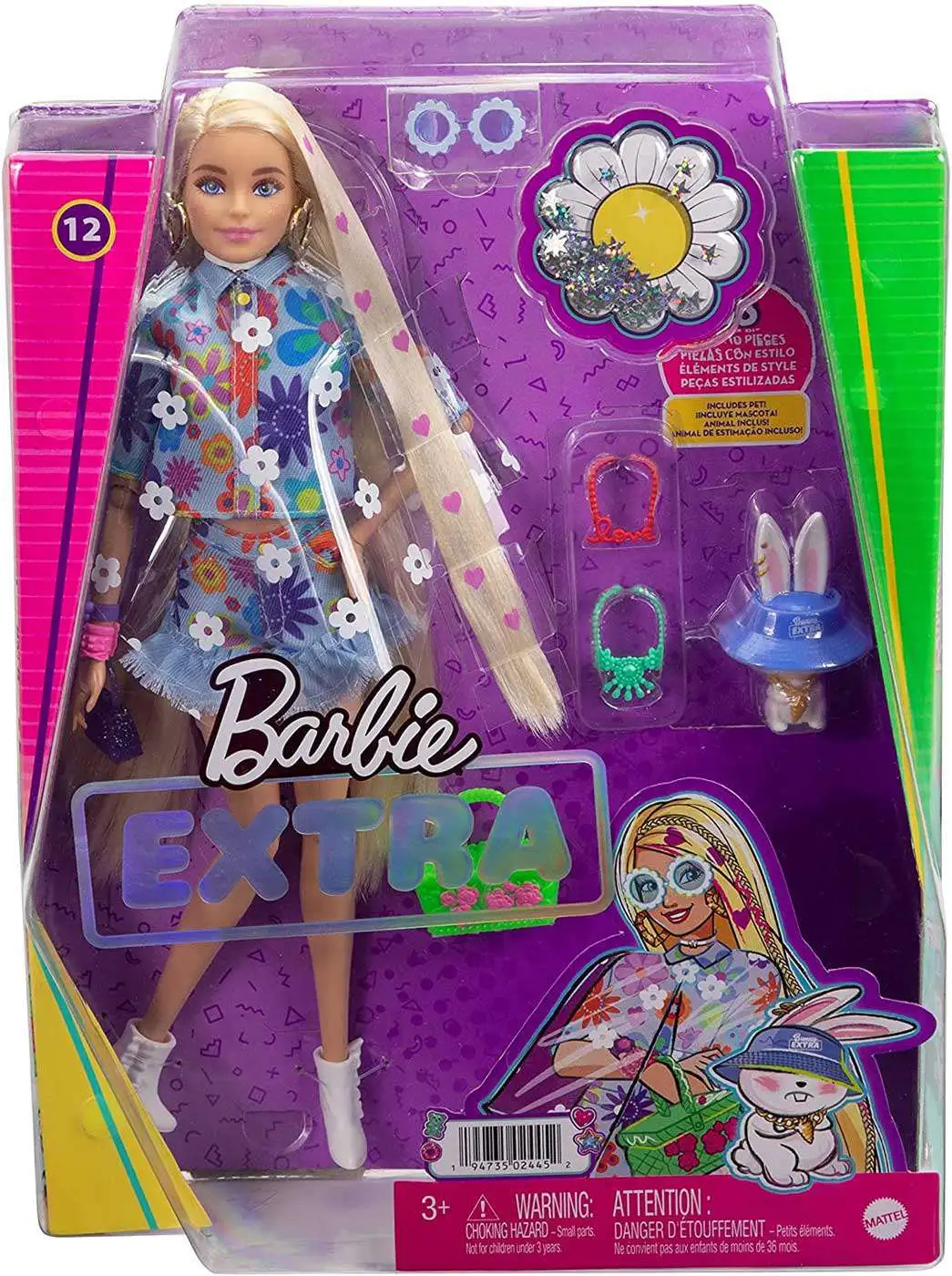 BARBIE EXTRA Doll #12 in FLORAL 2 PIECE OUTFIT PET BUNNY LONG BLONDE HAIR NEW 