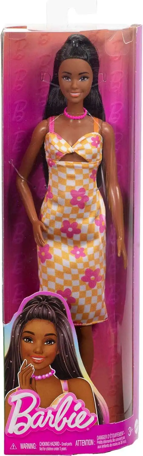 Barbie Fashionistas Barbie 13.25 Doll Black Hair Checkered Orange and Pink Flower Midi Dress Mattel ToyWiz