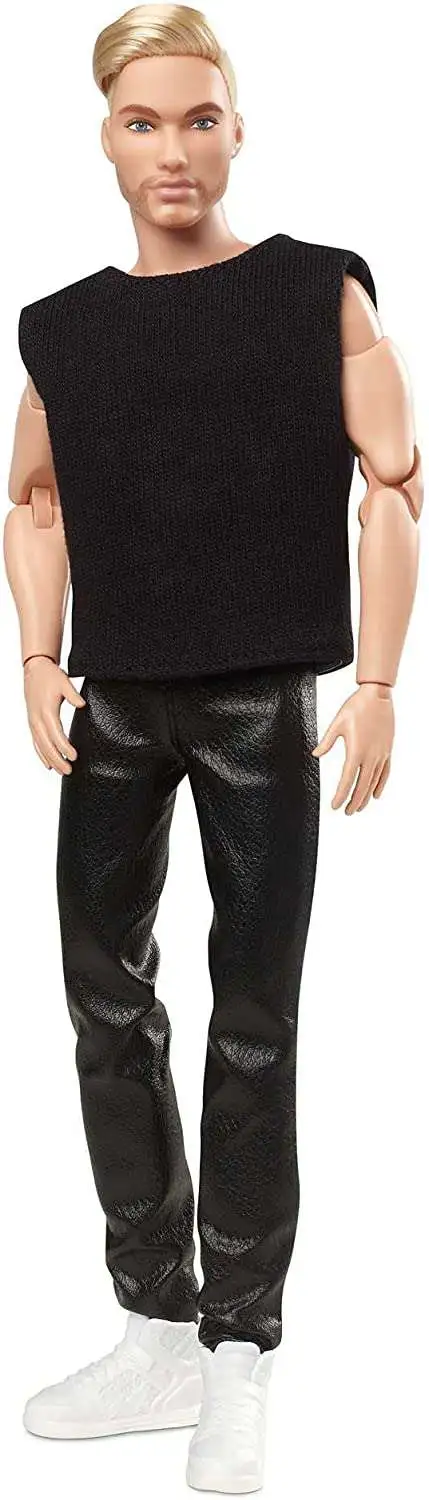 Barbie Signature Looks Blonde Ken with Facial Hair Doll Black T-Shirt ...