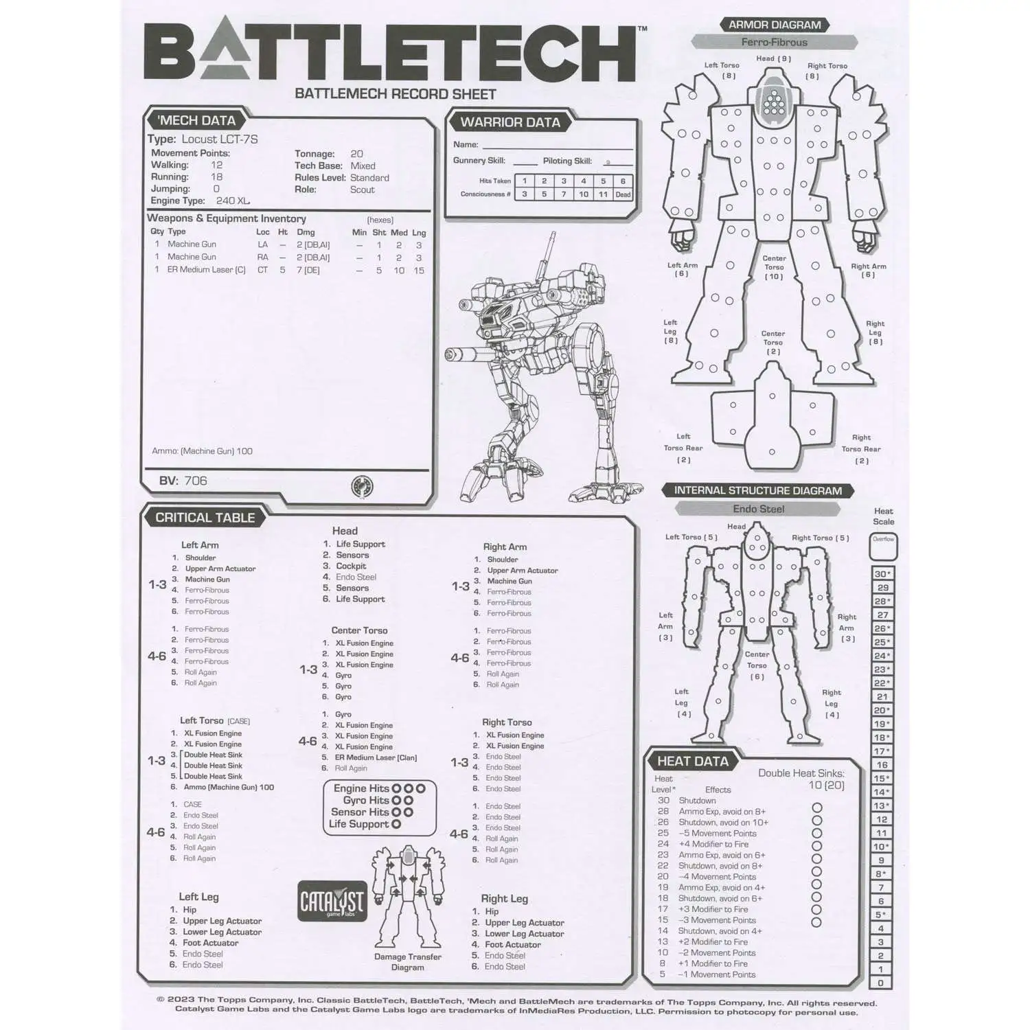 BattleTech Battlemech Record Sheet & Ilclan Era Rules Insert [40th Anniversary Loose]