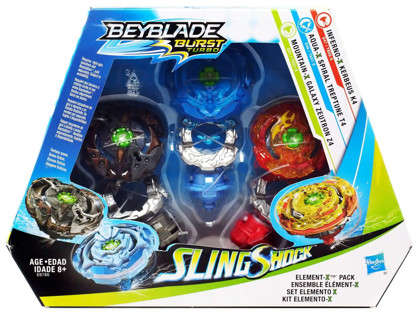 Beyblade Burst Turbo Slingshock Element-X Exclusive 3-Pack Inferno-X  Kerbeus K4, Aqua-X Spiral Treptune T4 Mountain-X Galaxy Zeutron Z4 Hasbro  Toys - ToyWiz