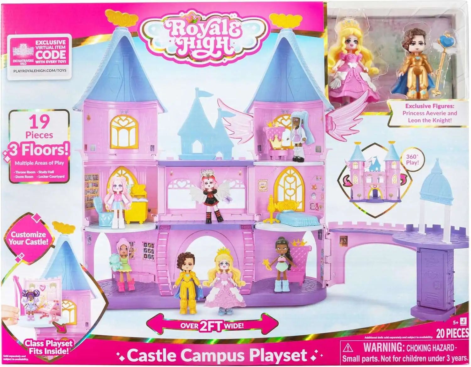 Royale High Castle Campus 3-Inch Playset [Princess Aeverie, Leon the Knight Figures & Enchantraverse Halo Virtual Item Code]