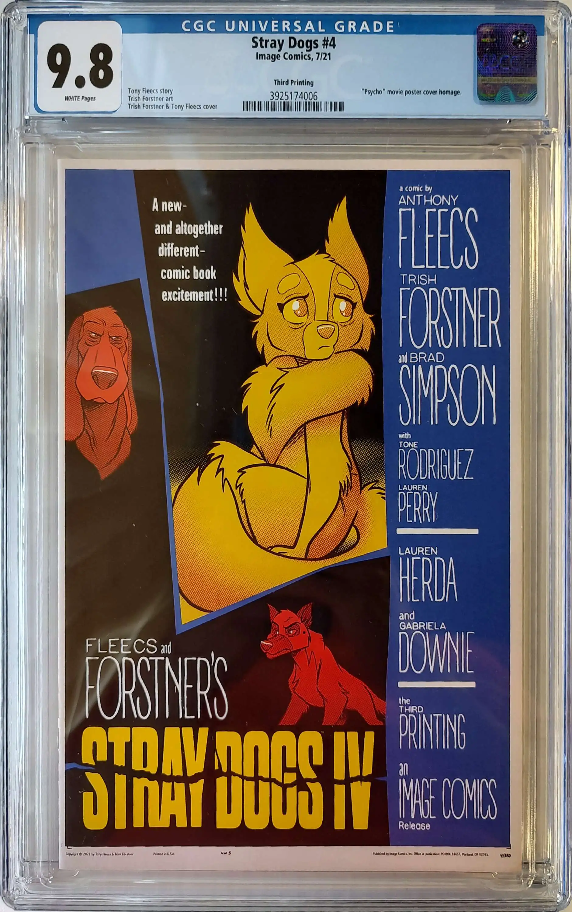Image Comics Stray Dogs #4 CGC 9.8 Graded Comic Book [Forstner & Fleecs 3rd Printing "Psycho" Homage Variant]