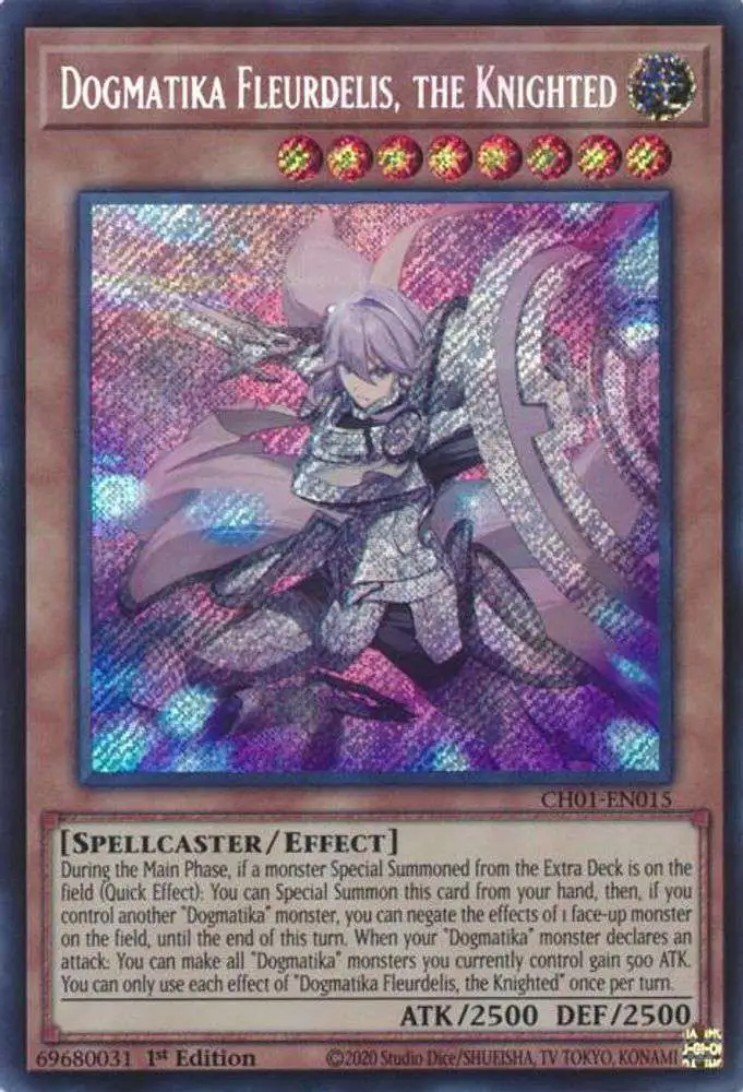 YuGiOh Trading Card Game The Chronicles Deck The Fallen amp The Virtuous  Single Card Secret Rare Dogmatika Fleurdelis, the Knighted CH01-EN015 FOIL  - ToyWiz