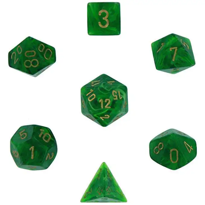 Chessex Vortex Green with Gold Numbers Polyhedral 7-Die Dice Set