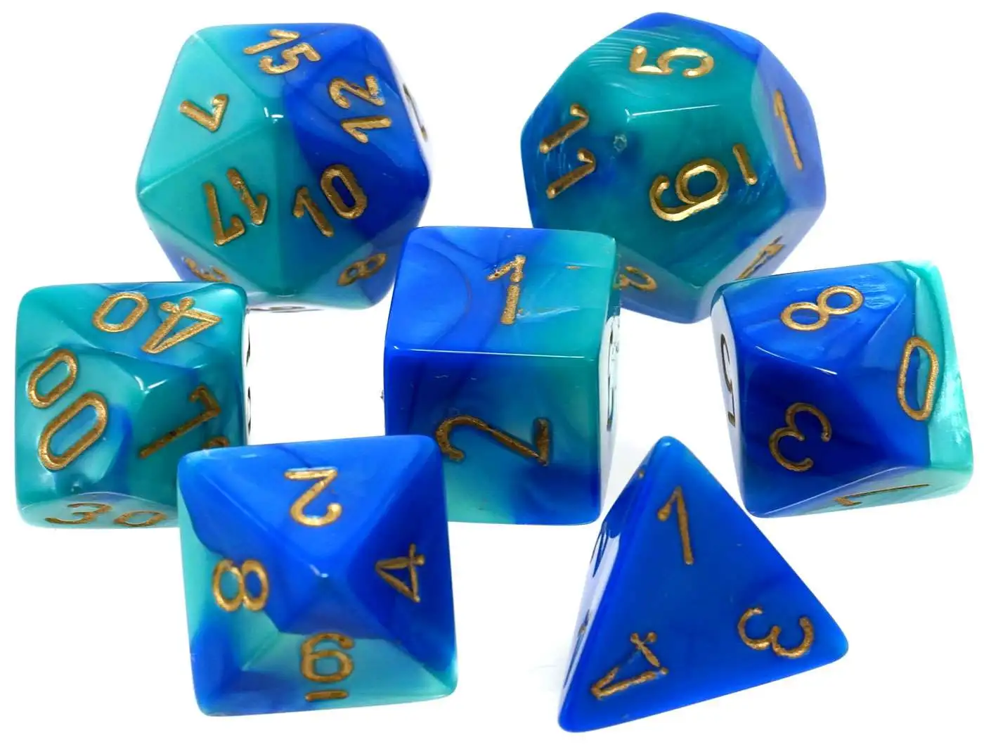 Chessex Gemini Blue-Teal with Gold Numbers Polyhedral 7-Die Dice Set