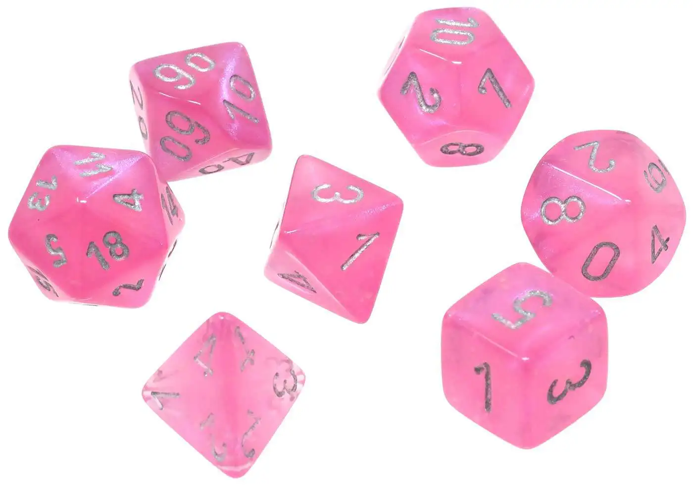 Pink with Silver Numbers Polyhedral 7-Die Borealis Chessex Dice Set 