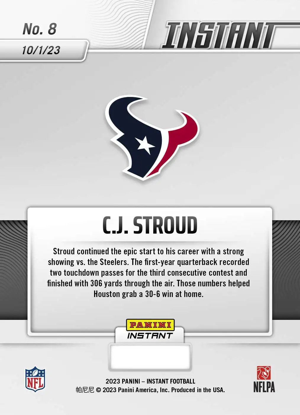 NFL Houston Texans 2023 Panini Instant Football Single Card CJ Stroud 8 ...