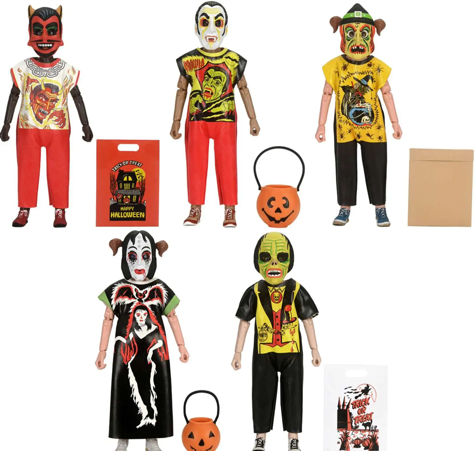 NECA Ben Cooper Costume Kids Series 2 Boy Vampire, Witch Girl, Devil V2, Girl Vampire & Phantom Set of 5 Clothed Action Figures