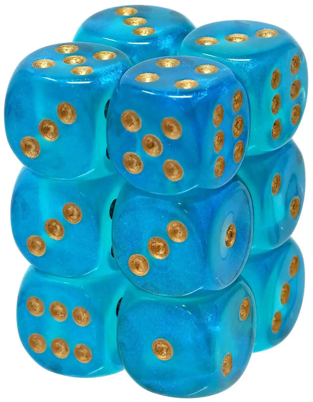 Chessex Dice d6 Set 16mm Borealis Teal w/ Gold Pips 6 Sided Die 12 CHX 27686 