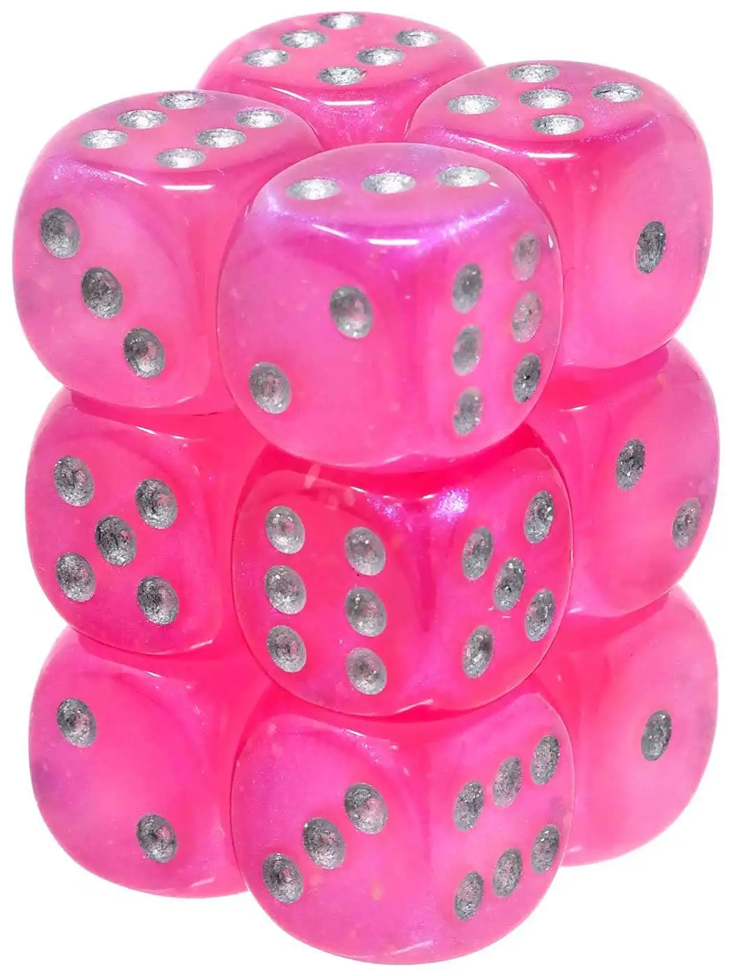 12 Dice Borealis Pink/silver 16mm d6 Luminary Dice Block 