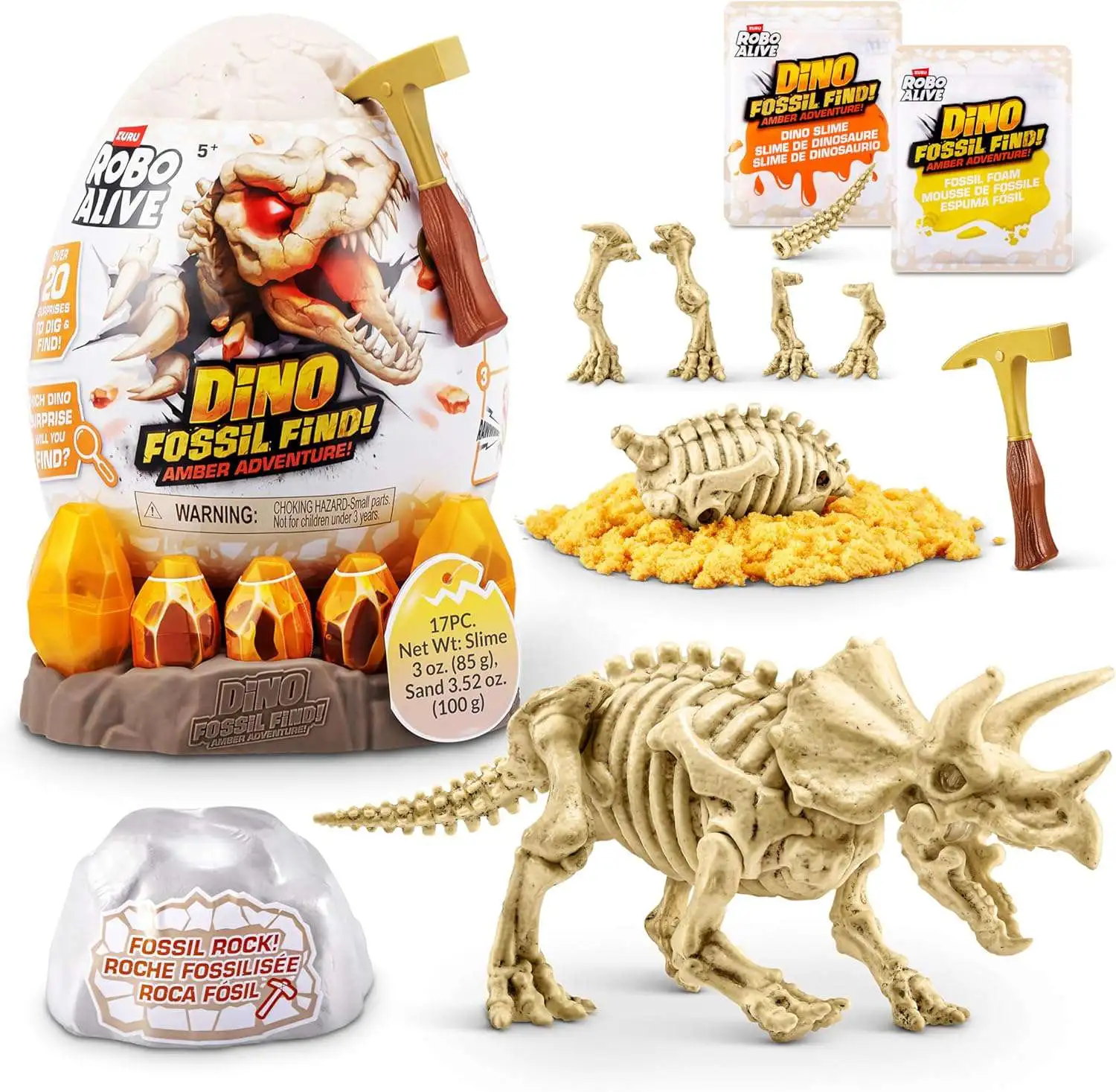 Robo Alive DINO Fossil Find! Amber Adventure TRICERATOPS Pack [Over 20 Surprises!]