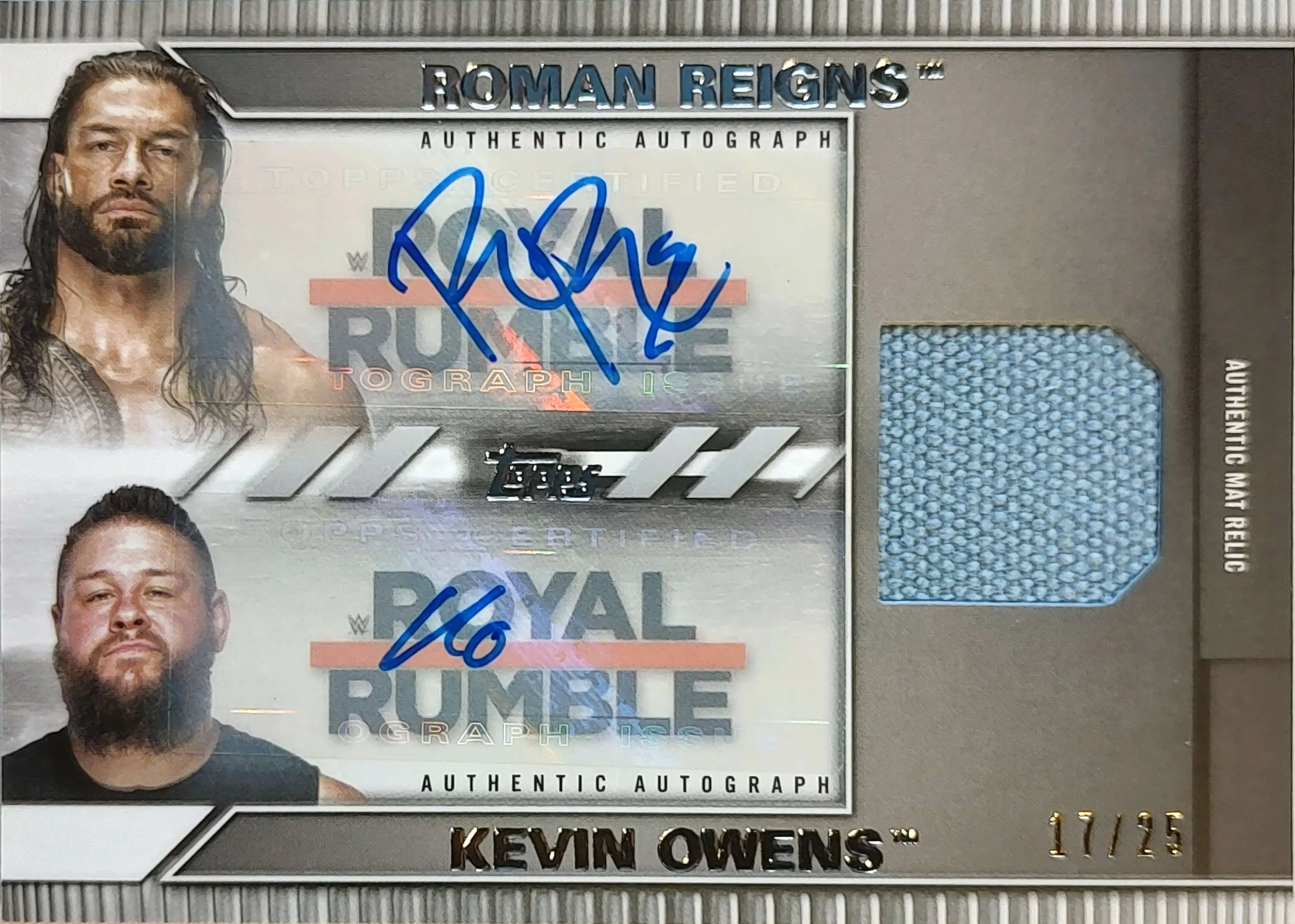 WWE 2021 Undisputed 17/25 Roman Reigns & Kevin Owens MA-RO [Dual Autograph & Mat Relic]
