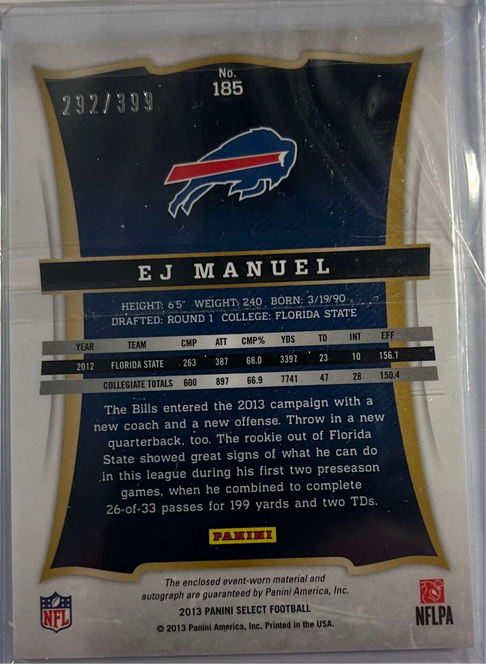 E.j. Manuel 2013 Panini Select Bills Rookie Jersey Auto Rc #d 336/399 - NFL  Autographed Football Cards at 's Sports Collectibles Store