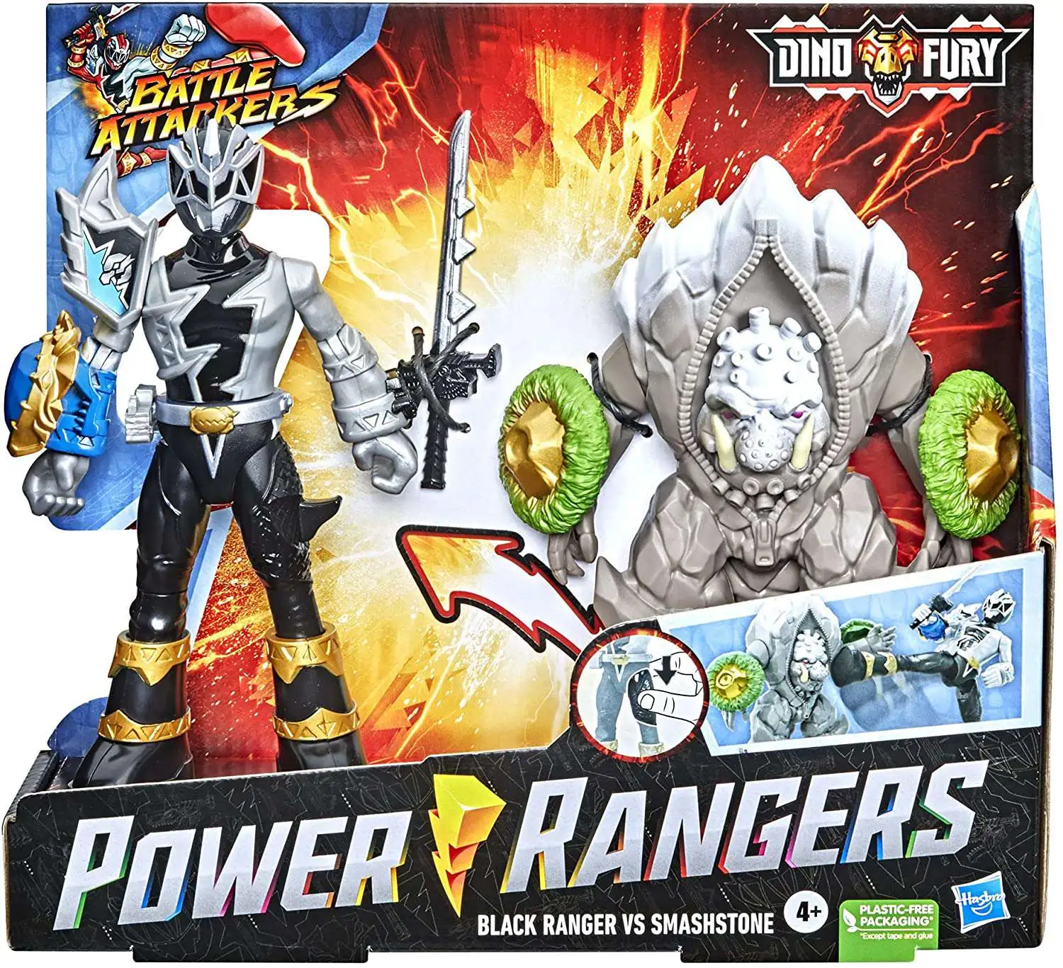 Power Rangers Dino Fury Battle Attackers Black Ranger & Smashstone Action Figure 2-Pack