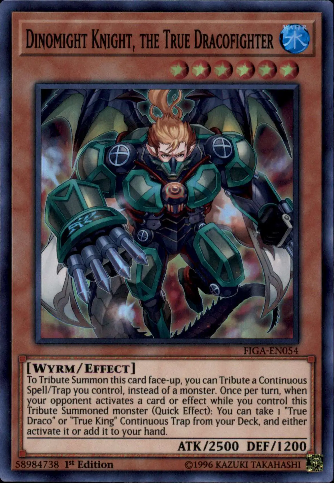 YuGiOh Fists of the Gadgets Super Rare Dinomight Knight, the True Dracofighter FIGA-EN054