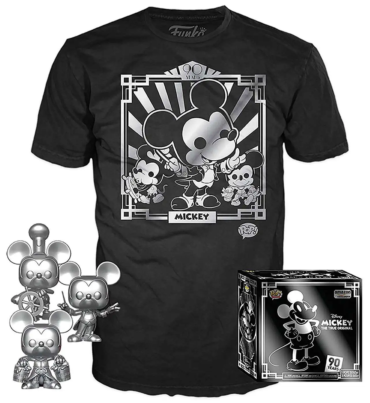 Funko Disney Mickey The True Original POP! Tees Mickey's 90th T-Shirt & Silver Steamboat Willie, Conductor, & Apprentice Exclusive [Large]