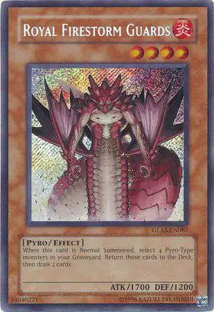 YuGiOh GX Trading Card Game Gladiator's Assault Secret Rare Royal Firestorm Guards GLAS-EN087