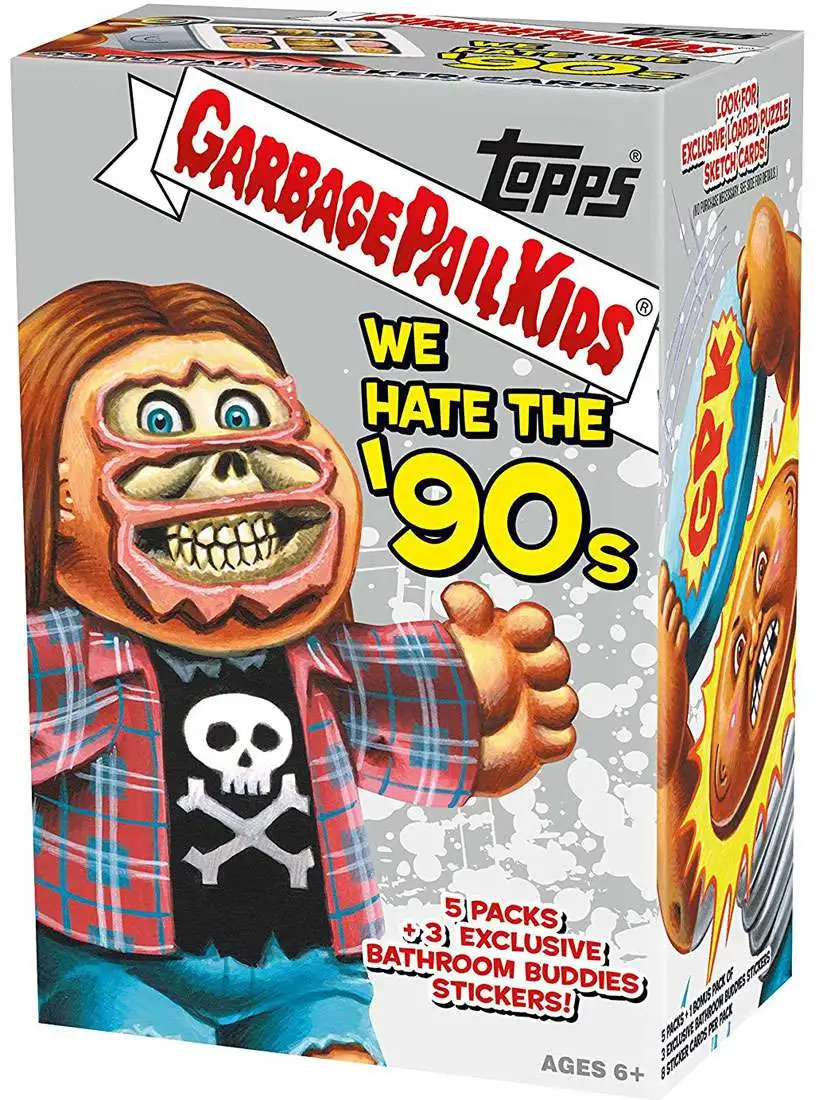 Garbage Pail Kids Topps 2019 We Hate the '90s Trading Card Sticker BLASTER Box [5 Packs + 3 Exclusive Bathroom Buddies Stickers]