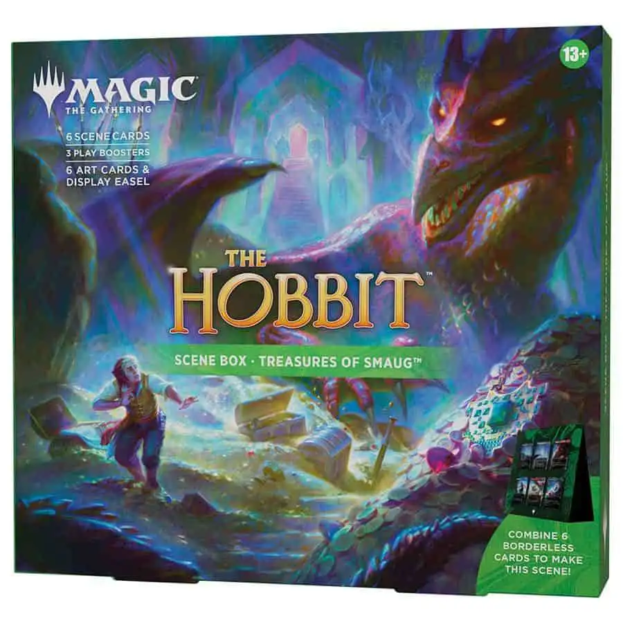 Magic The Gathering The Hobbit Treasures of Smaug Scene Box 6 Foil  Borderless Scene Cards, 6 Art Cards, 3 Play Boosters Display Easel Wizards  of the Coast - ToyWiz