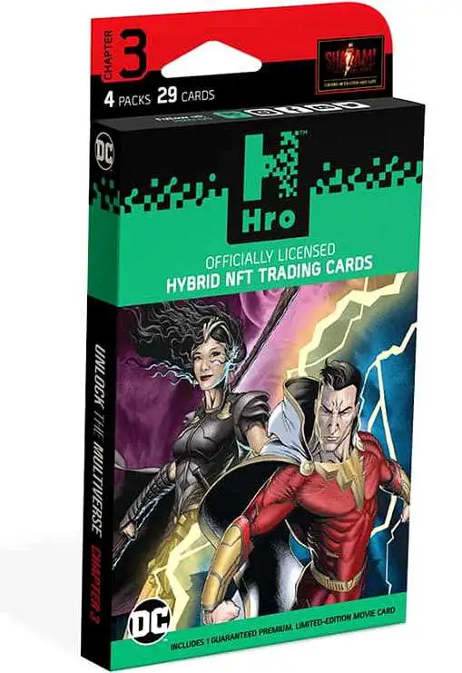 Hro DC Unlock the Multiverse Chapter 3 SHAZAM Hybrid NFT Trading Card PREMIUM 4-Pack [4 Booster Packs]