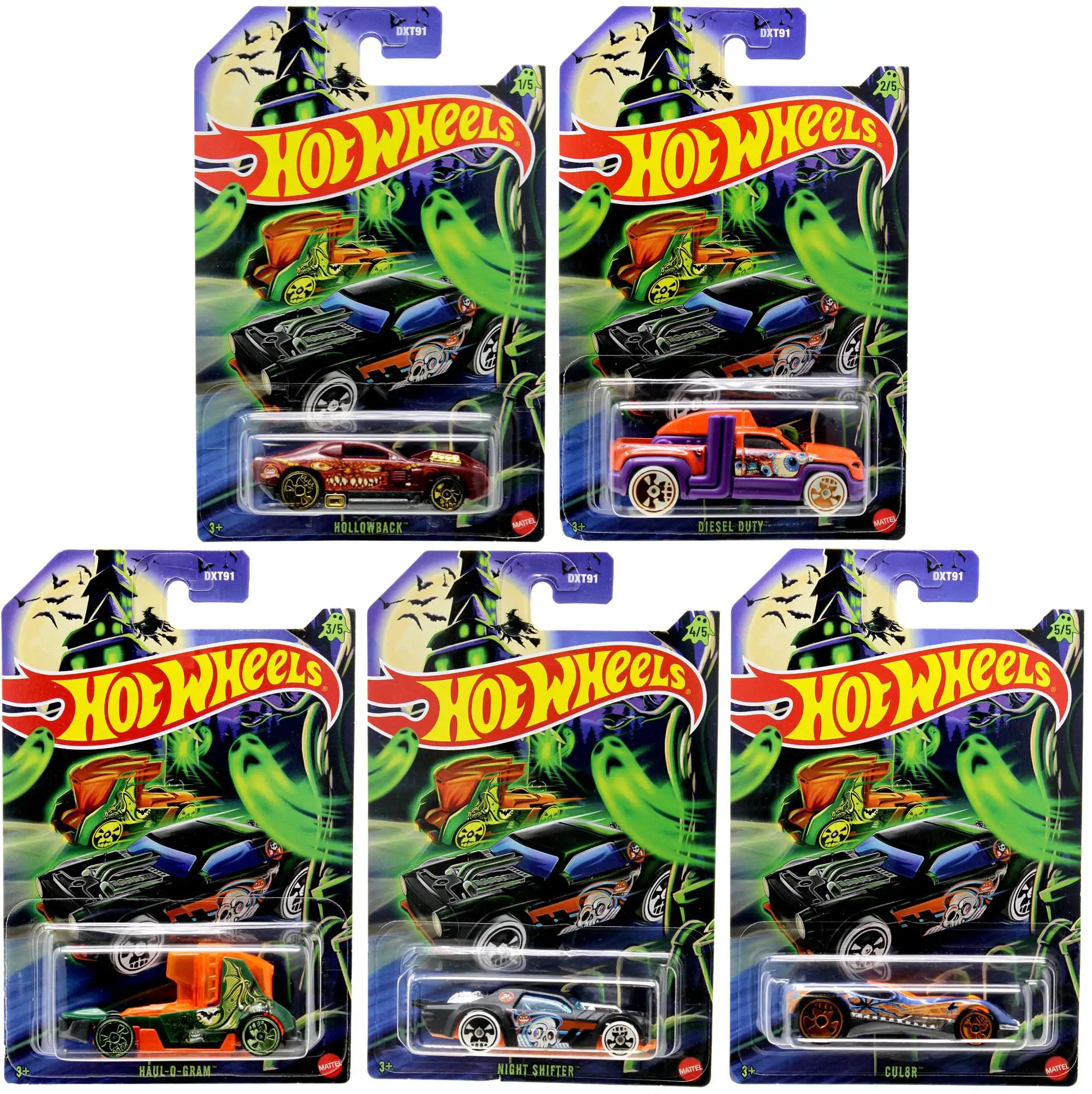 Hot Wheels Halloween 2025 Haul-O-Gram, Hollowback, Night Shifter, Cul8r & Diesel Duty Set of 5 Diecast Cars