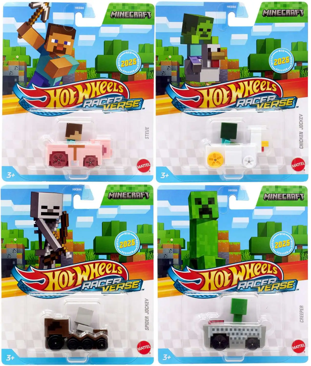 Hot Wheels Racerverse Minecraft Creeper, Steve, Chicken Jockey & Spider Jockey Diecast Car 4-Pack Set