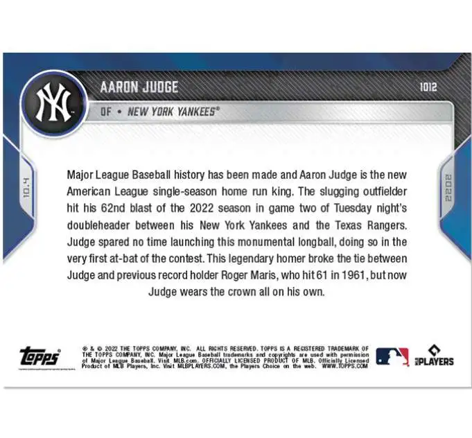 2022 Topps Now #1012 Aaron Judge 62 Homeruns AL Record New York Yankees  NM-MT