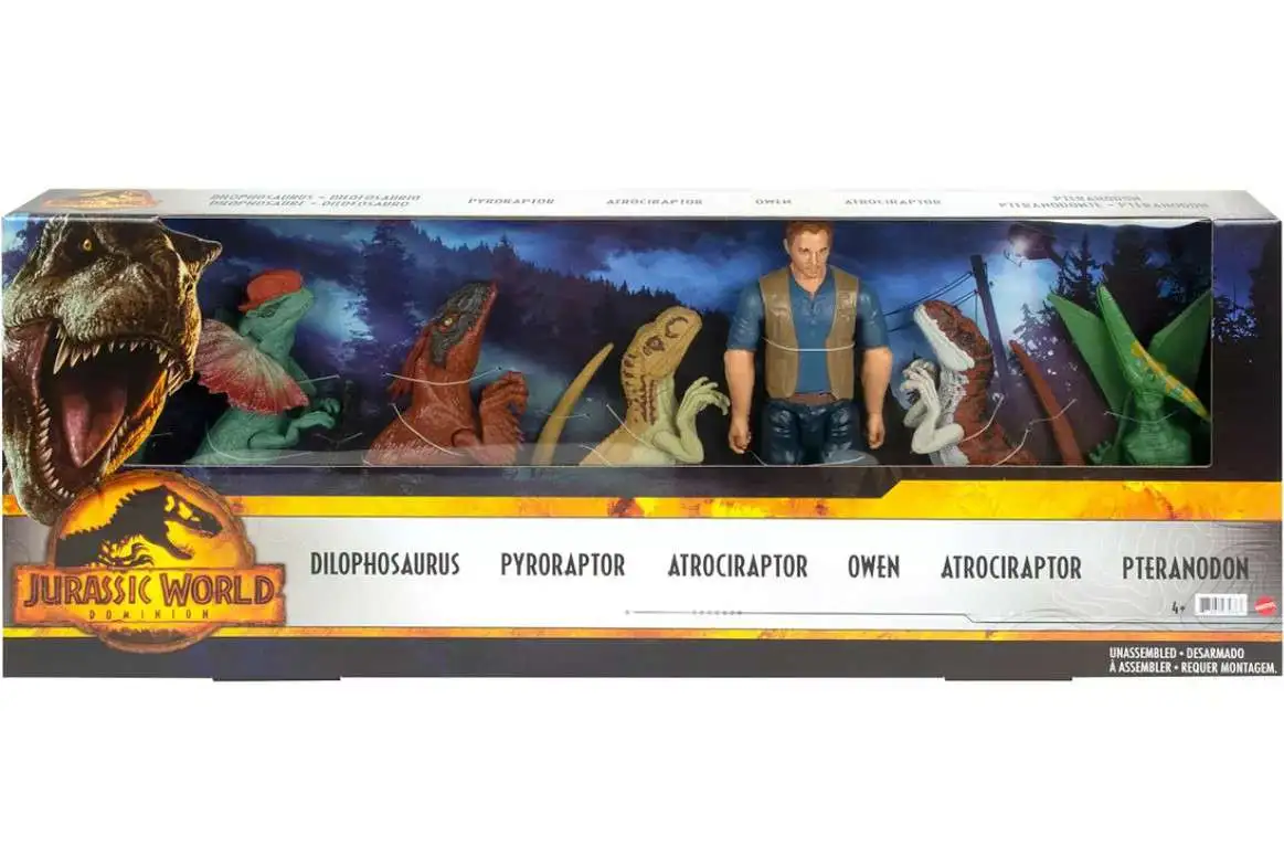 Jurassic World Dominion Dilophosaurus, Pyroraptor, 2x Atrociraptor, Owen & Pteranodon Exclusive Action Figure 6-Pack