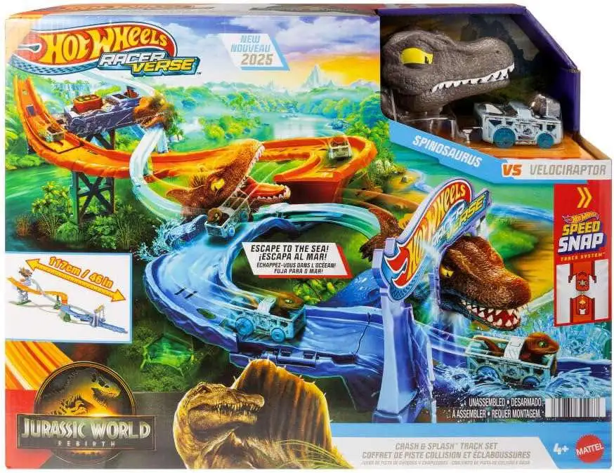 Hot Wheels RacerVerse Jurassic World Rebirth Crash & Splash Track Set [Spinosaurus Vs. Velociraptor]