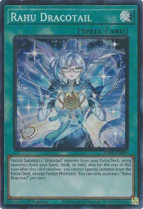 YuGiOh Trading Card Game Justice Hunters Super Rare Rahu Dracotail JUSH-EN009