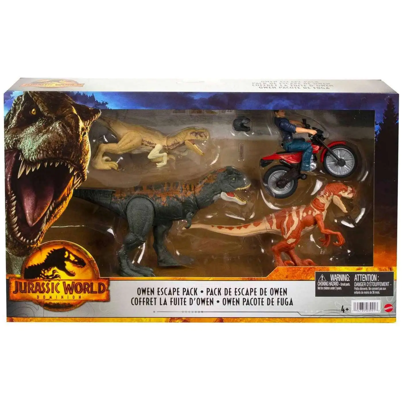 Jurassic World Dominion Owen Escape Pack Action Figure 4-Pack [Owen Grady on Motorcycle, 2x Atrociraptors & Carnotaurus]