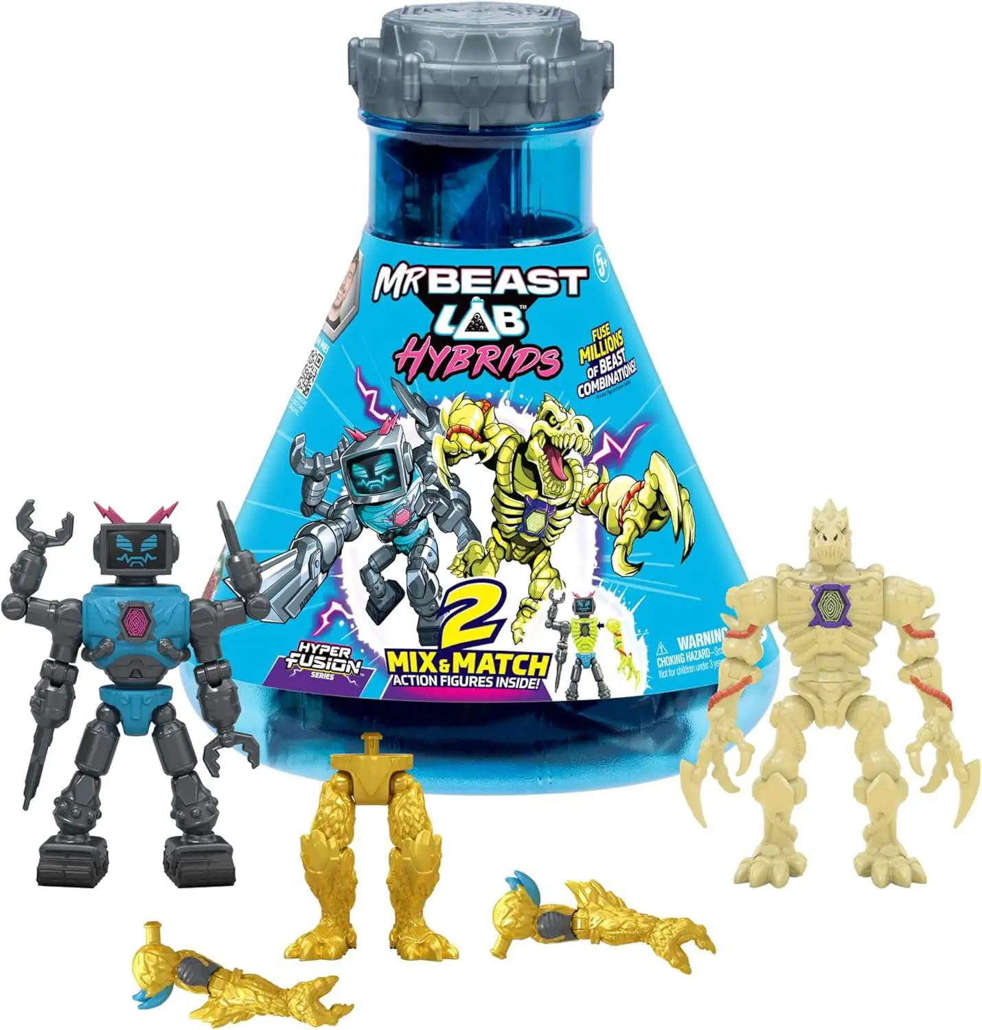 MrBeast Lab Hybrids Hyper Fusion Series Lab-Bot vs GID Skeleton Mystery 2-Pack [2 Mix & Match Figures, Golden Panther Dragon Build a Figure Parts]