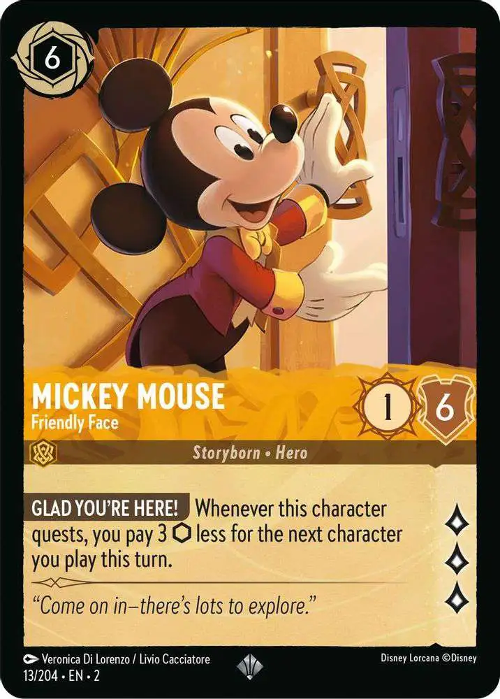 Disney Lorcana Trading Card Game Rise of the Floodborn Super Rare Foil  Mickey Mouse - Friendly Face #13