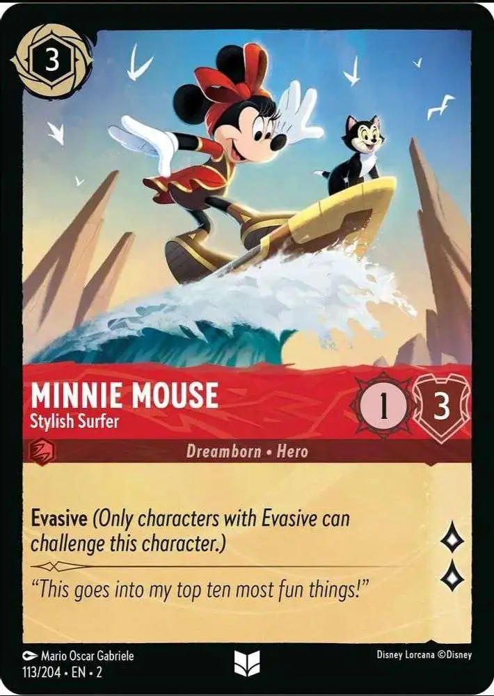 Disney Lorcana Trading Card Game Rise of the Floodborn Uncommon Foil Minnie  Mouse - Stylish Surfer #113