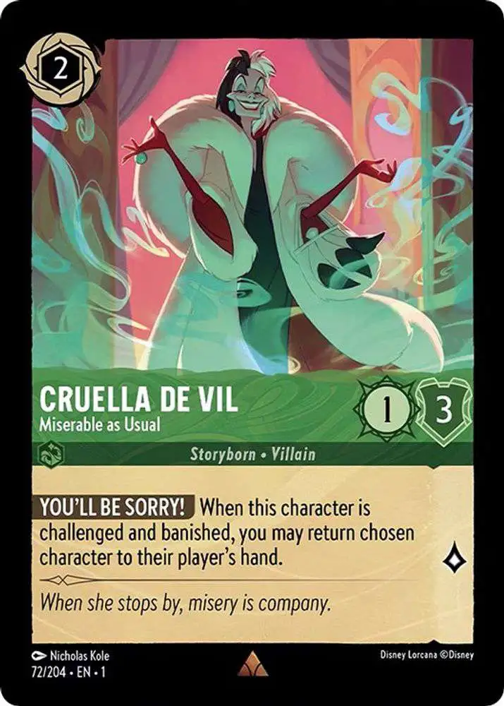 Disney Lorcana Trading Card Game The First Chapter Rare Foil Cruella de Vil - Miserable as Usual #72