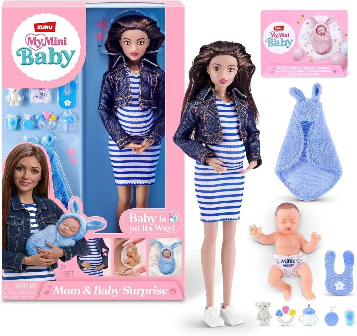 5 Surprise My Mini Baby Mom and Baby Surprise Brunette in Blue Dress 12-Inch Doll