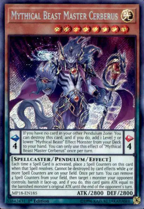 YuGiOh 2018 Mega-Tin Mega Pack Secret Rare Mythical Beast Master Cerberus MP18-EN185