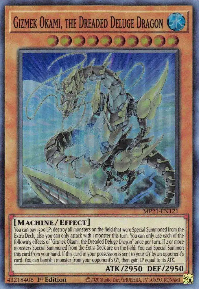 YuGiOh 2021 Tin of Ancient Battles Super Rare Gizmek Okami, the Dreaded Deluge Dragon MP21-EN121