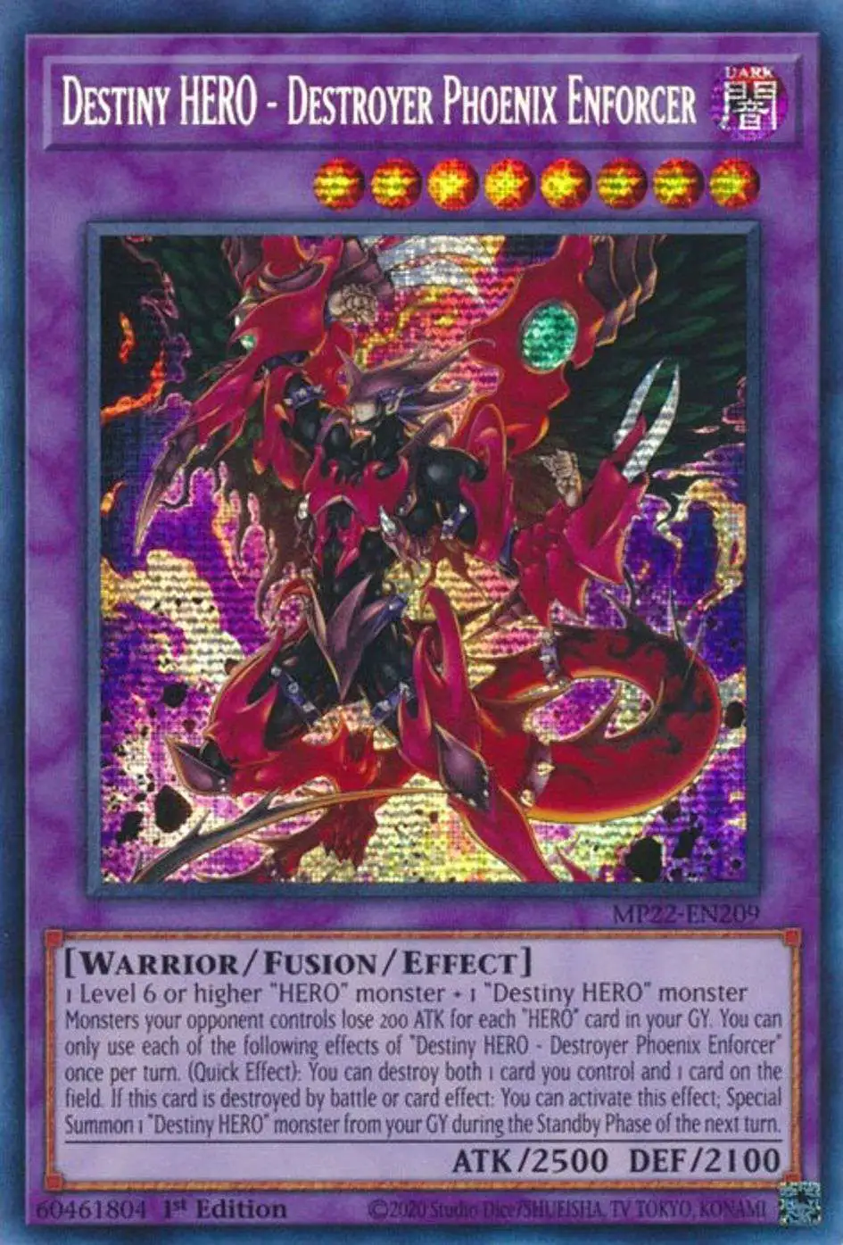 Yu-Gi-Oh! Karte Destiny Hero – Destroyer Phoenix Enforcer (MP22-EN209), Prismatic Secret Rare, 1st Edition