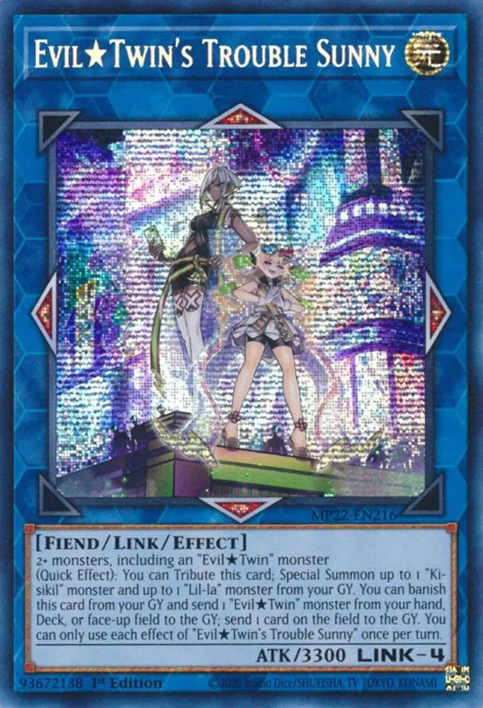 YuGiOh 2022 Tin of the Pharaoh's Gods Prismatic Secret Rare Evil Twin's Trouble Sunny MP22-EN216