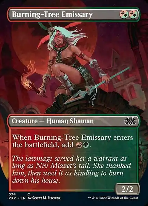 MtG Trading Card Game Double Masters 2022 Common Burning-Tree Emissary #374 [Alternate Art Borderless FOIL]
