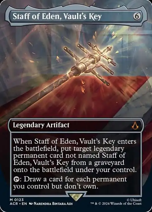 MtG Assassin's Creed Mythic Rare Staff of Eden, Vault's Key #123 [Borderless]