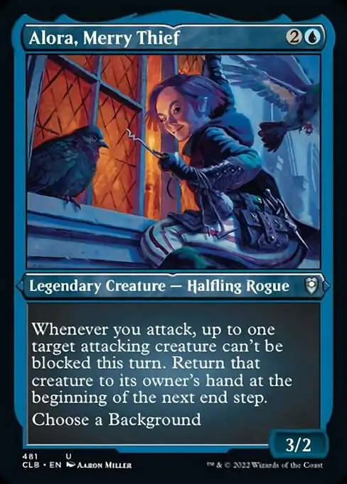 blue background cards mtg MtG Trading Card Game Commander Legends: Dungeons & Dragons Battle For  Baldur's Gate Uncommon Alora, Merry Thief #481 [Etched Foil]