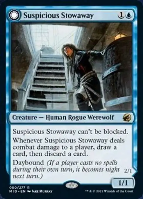 MtG Trading Card Game Innistrad: Midnight Hunt Rare Foil Suspicious Stowaway // Seafaring Werewolf #80