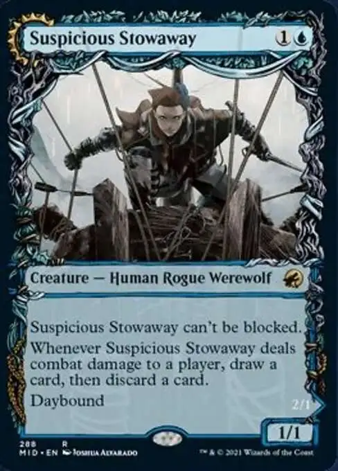 MtG Trading Card Game Innistrad: Midnight Hunt Rare Suspicious Stowaway // Seafaring Werewolf #288 [Showcase Foil]