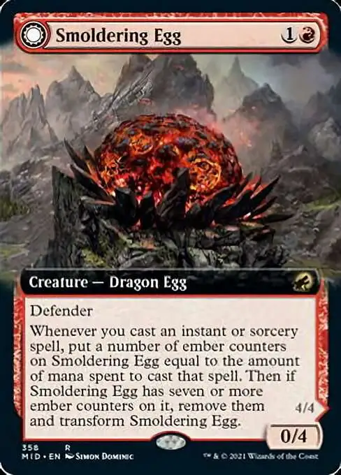 MtG Trading Card Game Innistrad: Midnight Hunt Rare Smoldering Egg // Ashmouth Dragon #358 [Extended Art Foil]