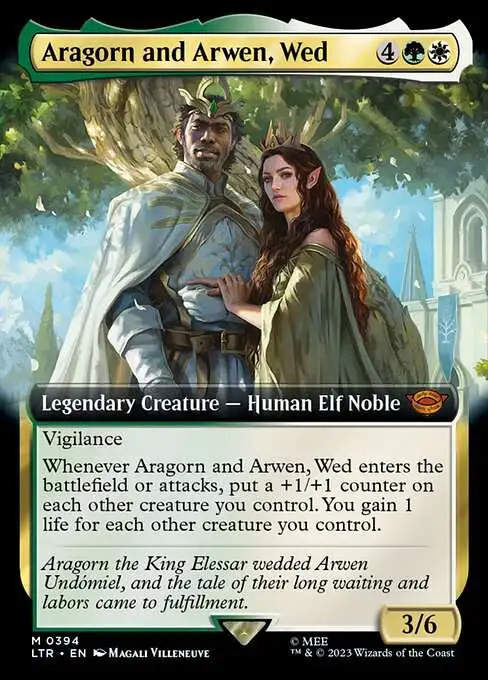 Magic The Gathering Lord of the Rings Tales of Middle-Earth Single Card Mythic Rare Aragorn and Arwen, Wed 394 Extended Art FOIL - ToyWiz Magic The Gathering Lord of the Rings Tales of Middle-Earth Single Card Mythic Rare Aragorn and Arwen, Wed 394 Extended Art FOIL - ToyWiz