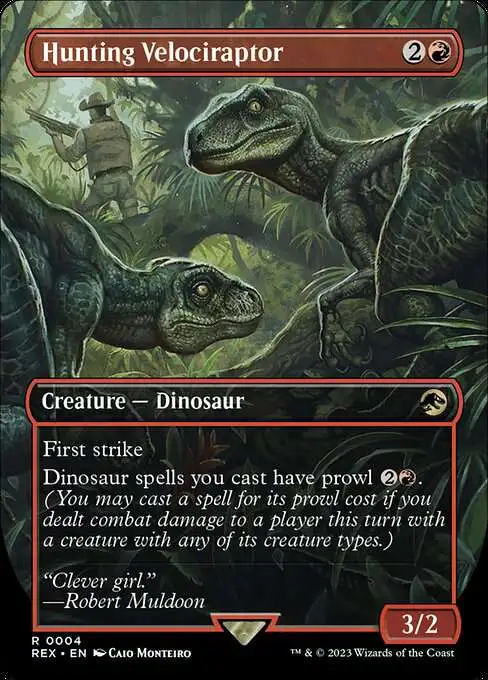 MtG The Lost Caverns of Ixalan Jurassic World Collection Rare Hunting Velociraptor #4 [Borderless FOIL]